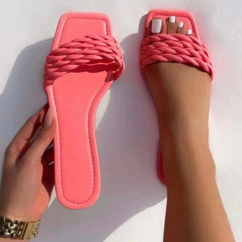 2021 Femei Țese Solid Papuci De Sex Feminin Deget De La Picior Pătrat De Cusut Casual Diapozitive Doamnelor Plajă De Vară De Moda Noua Confort Plat Plus Dimensiune