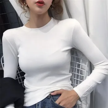 Bază De Bumbac Subțire Tricou Stil Coreean Top Tricotate Femei Cu Mâneci Lungi Tricou Femei Casual T-Shirt