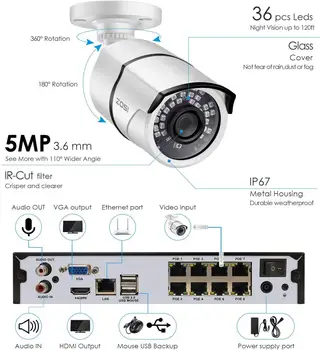 ZOSI H. 265+ 8CH 5MP POE Camera de Securitate de Sistem Kit 4x5MP HD Camera IP de Exterior rezistent la apa CCTV de Supraveghere Video de Acasă NVR Set