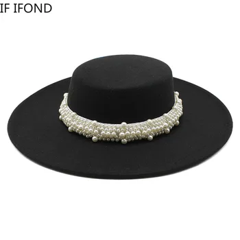 Fedora Hat Pentru Femei Temperament Elegant Bej Plat de Top de Jazz Capace de 10CM Margine Largă Perla Decor Doamna Rochie de Mireasa Palarie