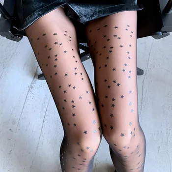 Moda Înstelat De Imprimare De Vară Subțire Femei Dresuri Ciorapi Sexy Negri De Nailon Mesh Stretch Chilot Stea Inima Ciorapi Lenjerie Intima