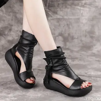 Femei Vara Sandale Mijlocul Tocuri Pene Pantofi Doamnelor de Epocă PU Piele Plus Dimensiune Sandalias Mujer Sapato Feminino 2022