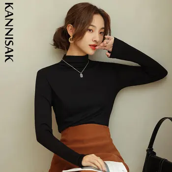KANNISAK Femei T-shirt de Toamna Iarna cu Maneca Lunga Jumătate de Înaltă Guler Moale Modale Bottom Cămașă de Înaltă Strecth coreean Cald Uzura Interior