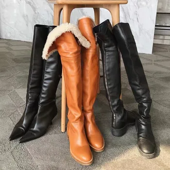 Lână de miel Over-The-Genunchi Cizme Femei de Iarna 2022 Slip-On Blana Toc Bloc de Zăpadă Cizme de sex Feminin Super Cald Pantofi de Moda pentru Femei