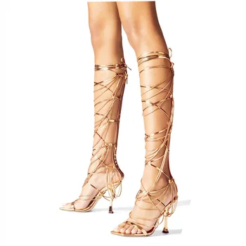 Dantela pentru Femei sandale Sexy Moda Sandale cu Toc Înalt Subțire Curea de Deget de la picior Pătrat Lanț cu Fermoar Doamnelor Sandale Cizme de Aur 34-40 de Metri