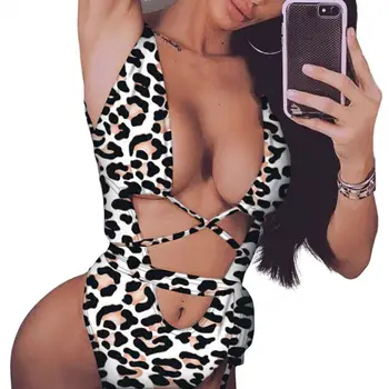 Adânc Sexy Vneck cu Spatele Gol Costume de baie Femei Bandaj Leopard Print-O singură Bucată de costume de Baie Monokini Biquini Femme купальник женский