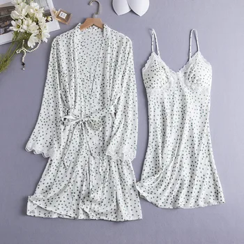 Dantela Mozaic Sleepwear Print Dot Femei 2 BUC Kimono-Halat Set Body Acasă Purta Lenjerie Intima din Satin Halat de baie Rochie