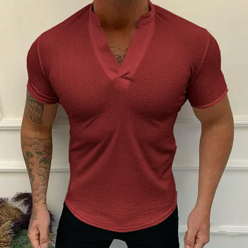 Moda Casual Mens Slim Fit Short sleeve T-Shirt pentru Bărbați Elegant Butoane tricouri Topuri V-Neck Fitness Culturism tricouri