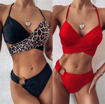 Noul Leopard De Imprimare S-Au Adunat Împletit Bikini Beachwear Split Culoare Solidă De Costume De Baie De Vară Costume De Baie Costum De Baie Plaja