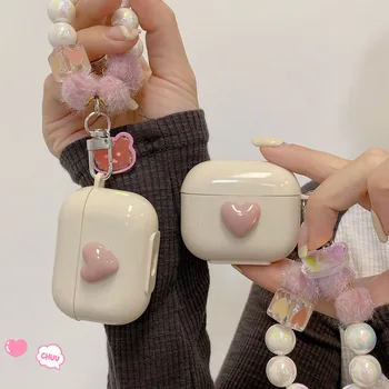 3D minunat de Dragoste Inima Acoperire Pentru Airpods 1 2 3 Cască Moale Coque Pentru Apple Aer păstăi Pro 2 Cutie Caz cu Pluș Lanț de Șirag de mărgele de Flori