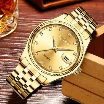 CHENXI Ceas de Aur pentru Bărbați de Moda Stras Ceas de mână de Lux, Aur, Curea din Otel Retro Om de Afaceri Rochie Ceas Cadou heren horloge