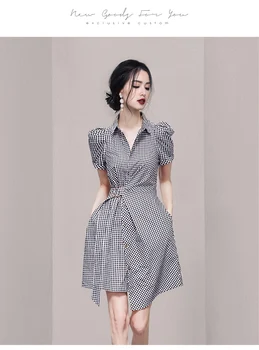 Vintage Alb-Negru Carouri Femei Rever Single-Breasted Rochie Mini de Vară 2021 coreean Talie Mare Siret Tricou O Linie Vestidos XL