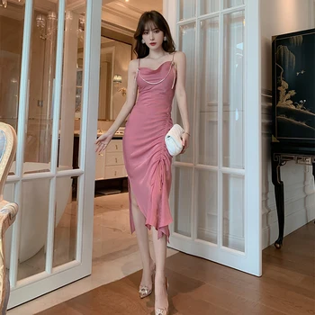 New sosire moda coreeană club de noapte partid femei rochie eleganta de vara sexy curea temperament OL roz slim rochie asimetrică