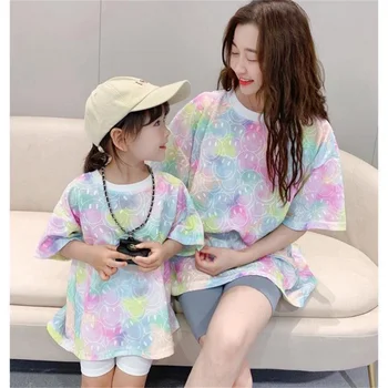 Bumbac de Fiica Mama T-shirt pentru Familie Potrivire Haine Mami și cu Mine Tie-dye Smiley Imprimare Tricouri Topuri Haine