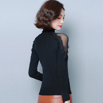 Plasă De Dantelă Bluza Guler De Moda Coreeană 2022 Toamna Cămașă De Cauzalitate Feminin Slim Femei, Tricouri Cu Maneca Lunga Topuri De Femei-Negru