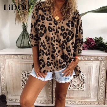 Primavara Toamna Supradimensionate Leopard de Imprimare Vrac Pulover Casual T-shirt Femei de Stradă în Stil Maneca Lunga Moda Trend Tee Femei Top