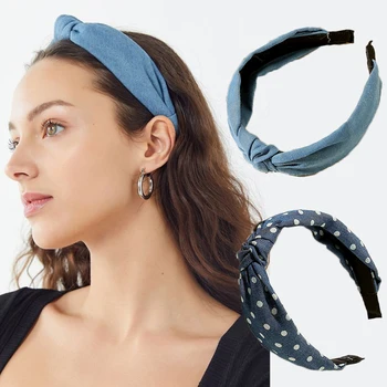 Denim Albastru Knoteed benzile de Păr Doamnelor Dot Siriped Benzi de Epocă Elastic Model Solid Înnodate Hairband Accesorii de Par
