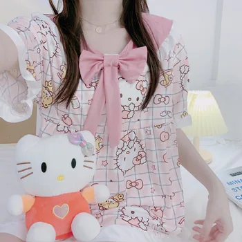 Kawaii Lapte de Mătase Anime Desene animate Hello Kitty Pijamale de Vara pentru Femei Păpușă Nouă Guler Maneci Scurte pantaloni Scurți Set Homewear