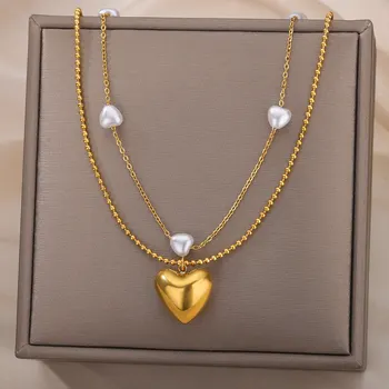 Multistrat Simulate Perla Colier Inima Pentru Femeile Din Oțel Inoxidabil Colier De Perle Lanț De Crăciun De Nunta Bijuterii Cadou Collier