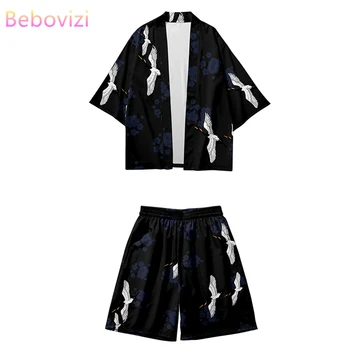 Tradițional, Macara de Imprimare Harajuku Kimono Negru pantaloni Scurți Seturi Costum din Două piese Japoneze Yukata Cardigan Femei Bărbați Cosplay Liber Haori