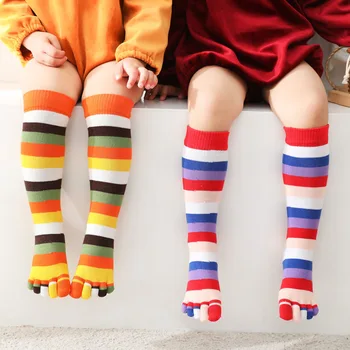 5 Perechi de Copii Timp de Cinci Degetul Fericit Șosete Copii Fata de Bumbac Toamna Iarna Înaltă Tub Dungi Colorate Split Deget de la picior de Vițel Șosete