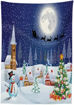 De craciun fata de Masa om de Zăpadă, Pom de Crăciun Moș crăciun cu Sania Luna și Stelele Sala de Mese Bucatarie Tabel Dreptunghiular de Acoperire rezistent la apa