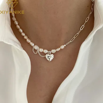 XIYANIKE Culoare Argintie 2021 Nou la Modă Dragoste Inima Pandantiv Lanț Pearl Despicare Femei Colier franceză Stil Elegant de Bijuterii