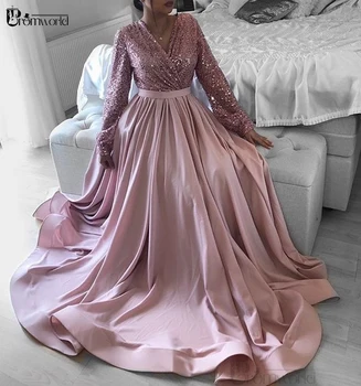 Roz V-Neck Maneca Lunga Rochie Formale Femei Elegante Cu Paiete Corsetul Din Satin O-Linie Plus Dimensiunea De Seara Rochii De Bal Halat Serată Dubai