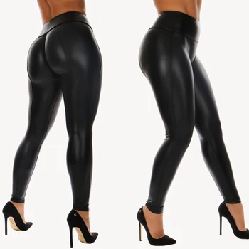 Femei Negru din Piele PU Legging cu Talie Înaltă Strălucitoare Bling Stretch Elastic Slim Legging Pantaloni de Creion Clubwear