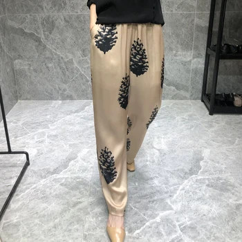 Hong Kong aroma satin de mătase imprimate pantaloni drepte femeie temperament pantaloni pantaloni largi cu talie înaltă