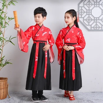 Tradițională Chineză antică Haine Noi pentru Copii, Băiat, Fată Maneca Lunga Dans Popular Hanfu Macara Broderie Performanțele de Imprimare Rochie