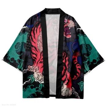 Harajuku Halat De Haine Tradiționale Topuri 2022 Vară Stil Chinezesc Tigru Print Kimono Streetwear Bărbați Femei Cardigan Haori