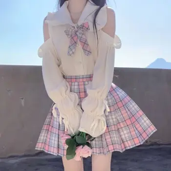 Japoneze Kawaii JK Uniformă Pe Umăr Femei Top de Vara Casual Drăguț Dantela cu Maneci Lungi Baby maneca Tricou Pentru Fete Adolescente