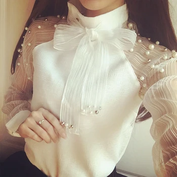2019 Noi de Vara elegant de organza arc de perla alb bluza femei casual șifon bluza femei cu maneci lungi, topuri si bluze