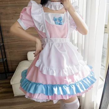 Plus Dimensiune 5XL Femei Menajera Costum Cosplay Anime Lolita Costum Pisica Drăguț Roz Albastru Dantelă Asieta Șorț Laba Pisica Lolita Rochii Set Complet