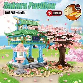 1400PCS Prieteni Street View Sakura Inari Shrine Blocuri DIY Cherry Blossom Tree House Construct Caramida Jucarii pentru Fete