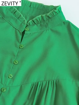 Zevity Femei Agaric Dantela Gol Afară de Broderie Mozaic Verde Salopeta Bluza Feminin Pliuri Elegante Camasi Camasa Blusas Topuri LS2340