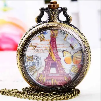 Turnul Eiffel cu fluture Bronz antichități colier steampunk cuarț ceas de buzunar doamnelor pandantiv cadou 10buc/lot