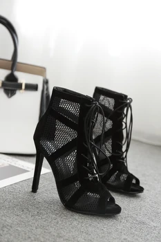 Noul Spectacol de Moda Negru Net Tesatura piele de Căprioară Cruce Curea de Sexy, cu Toc inalt Sandale pentru Femeie Pantofi de Pompe de Dantela-up Peep Toe Sandale