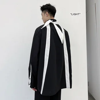 Barbati Maneca Lunga Guler Pentru Papion Liber Casual Albastru Negru Shirtmale Japonia, Coreea De Streetwear Moda Vintage Tricou Etapă De Îmbrăcăminte
