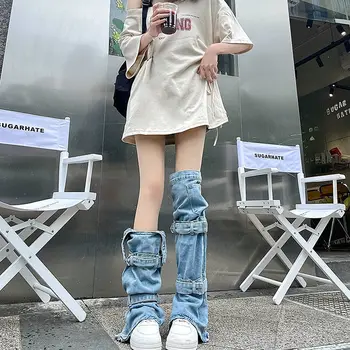 Harajuku Femei Încălzit De Picior Ciorapi Punk Rock Denim Reglabil Genunchi Șosete Japoneze Moda Streetwear Gotic Picior Acoperi
