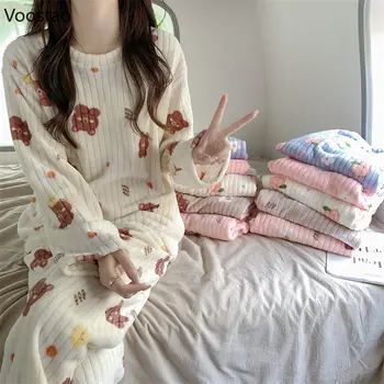 Toamna Iarna Drăguț Urs Print Set Pijama Femei Dulce Cald O-Gât Moale Sleepwear Fetele Harajuku Kawaii Coral Fleece Homewear Costum