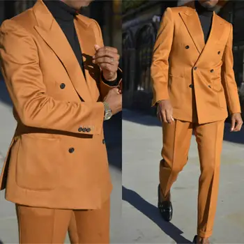 Orange Dublu Rânduri Costume Barbati Slim Fit Petrecere Purta Două Bucăți De Afaceri Formal Ocazie A Atins Haina Rever+Gâfâi Costume Pentru Bărbați