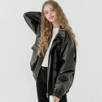 Lautaro Toamna Supradimensionate din piele geaca de femei cu maneci lungi cu fermoar turndown guler Vrac negru faux din piele jachete pentru femei 2021