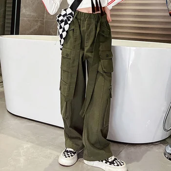 Copii Fete de Moda Street Style Pantaloni de Marfă Vrac Casual Hip Hop Pantaloni coreean Largi Picior Pantaloni cu Curea Body Streetwear