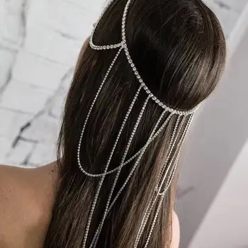 Temperament strălucitoare ciucure lung Stras par MIREASA Lanț de Bijuterii de Nunta pentru femei frizură cristal frunte lanț accesorii