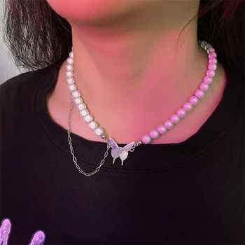 Design Unic Oțel Titan Luminos Colier De Perle Reflectorizante Fluture Cu Margele Simplu Clavicula Lanț De Femei A Partidului Bijuterii