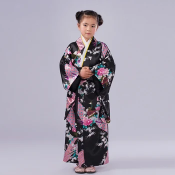 Copilul De Mătase De Imprimare Florale Păun Rochie Haine Fete Japoneze Kimono Copii Prezinte Copii Efectua Costume De Dans