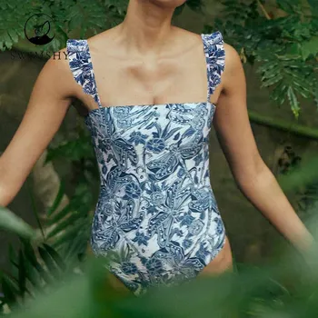 2022 Moda Floral-print Bikini Șic Zburli costum de Baie Albastru Vintage Costum de Baie summer Beach Port Push Up Costume de baie Slim Biquini