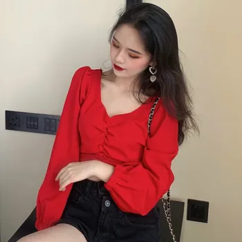 Tricouri Femei Solide De Primăvară New Sosire Retro Puff Maneca Tunica Crop Top Elegant, Sexy Bodycon Tricou Cu Maneci Lungi, Coreeană Doamnă La Modă